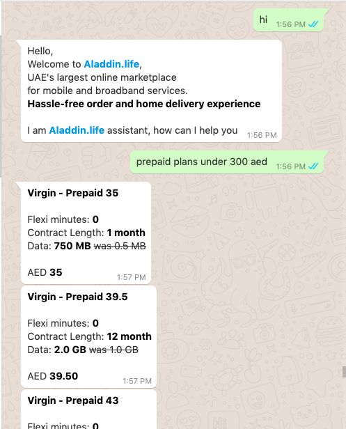 Aladdin WhatsApp sales and support bot conversation interface