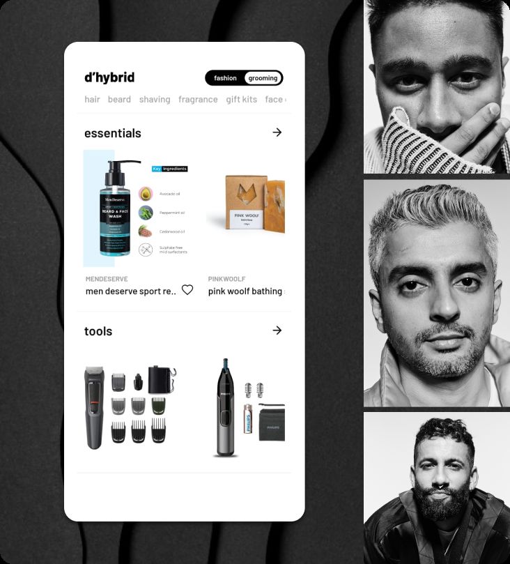 D'Hybrid men's fashion and grooming ecommerce mobile app screen