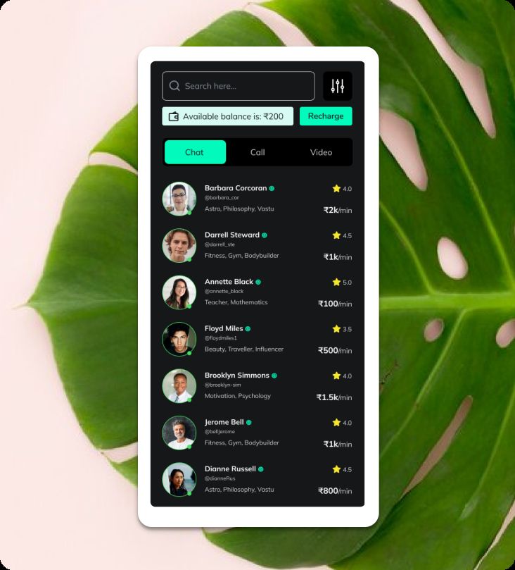 Hotline mobile app interface for connecting with professionals and influencers