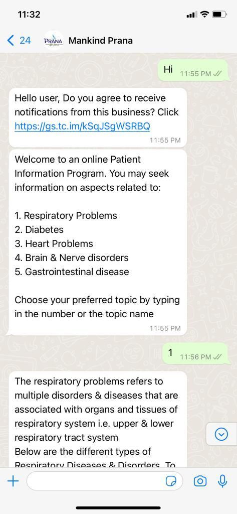 Mankind Prana WhatsApp health education chatbot screens