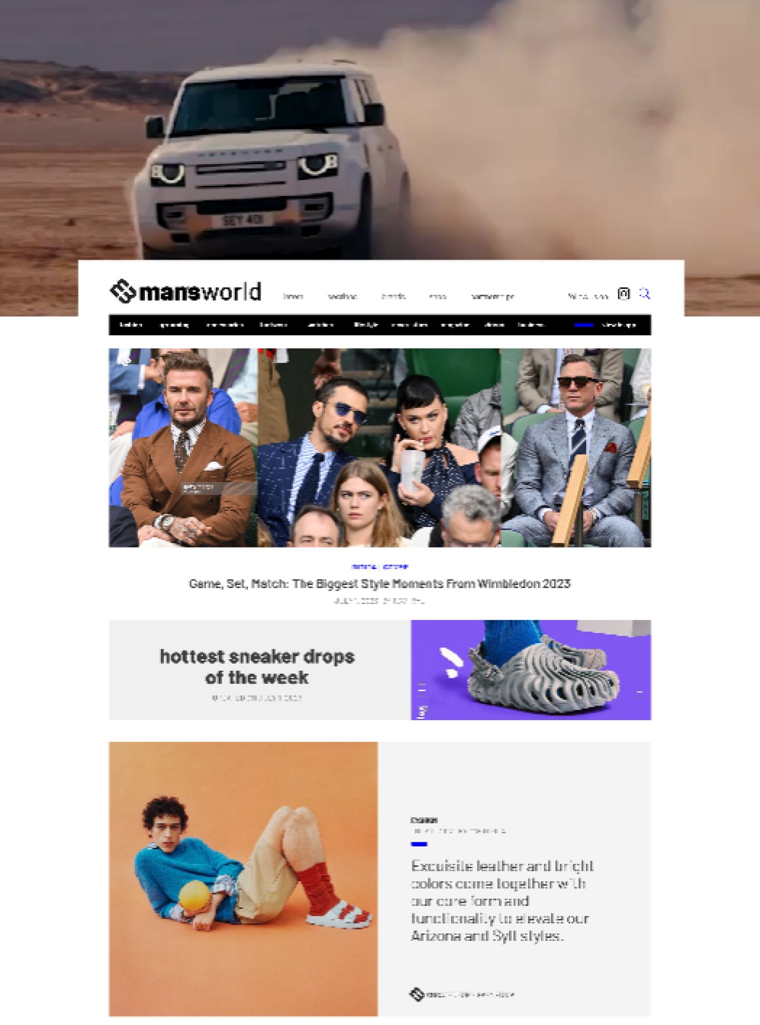 Man's World magazine website showing editorial navigation, feature imagery, and ecommerce content