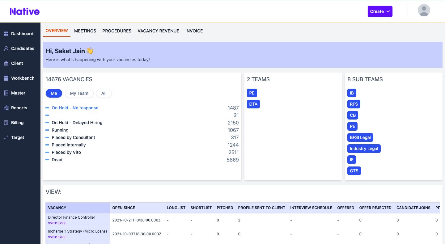 Native World recruitment web platform showing candidate and HR records