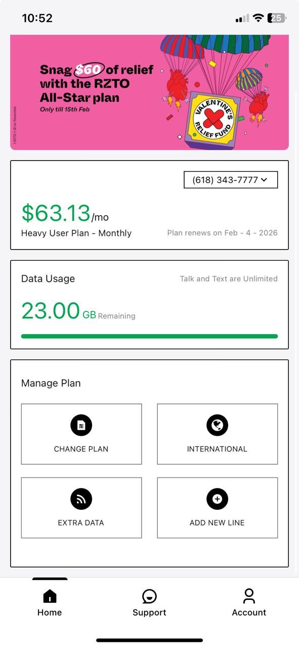 Rizz Wireless mobile app screens for wireless subscription and plan management
