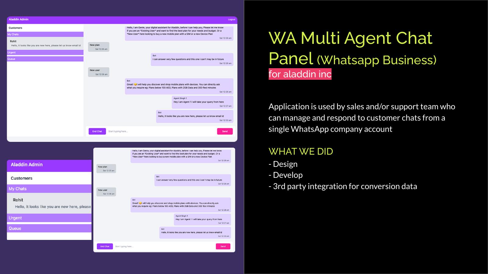 Portfolio view of the WhatsApp multi-agent sales and support chat panel