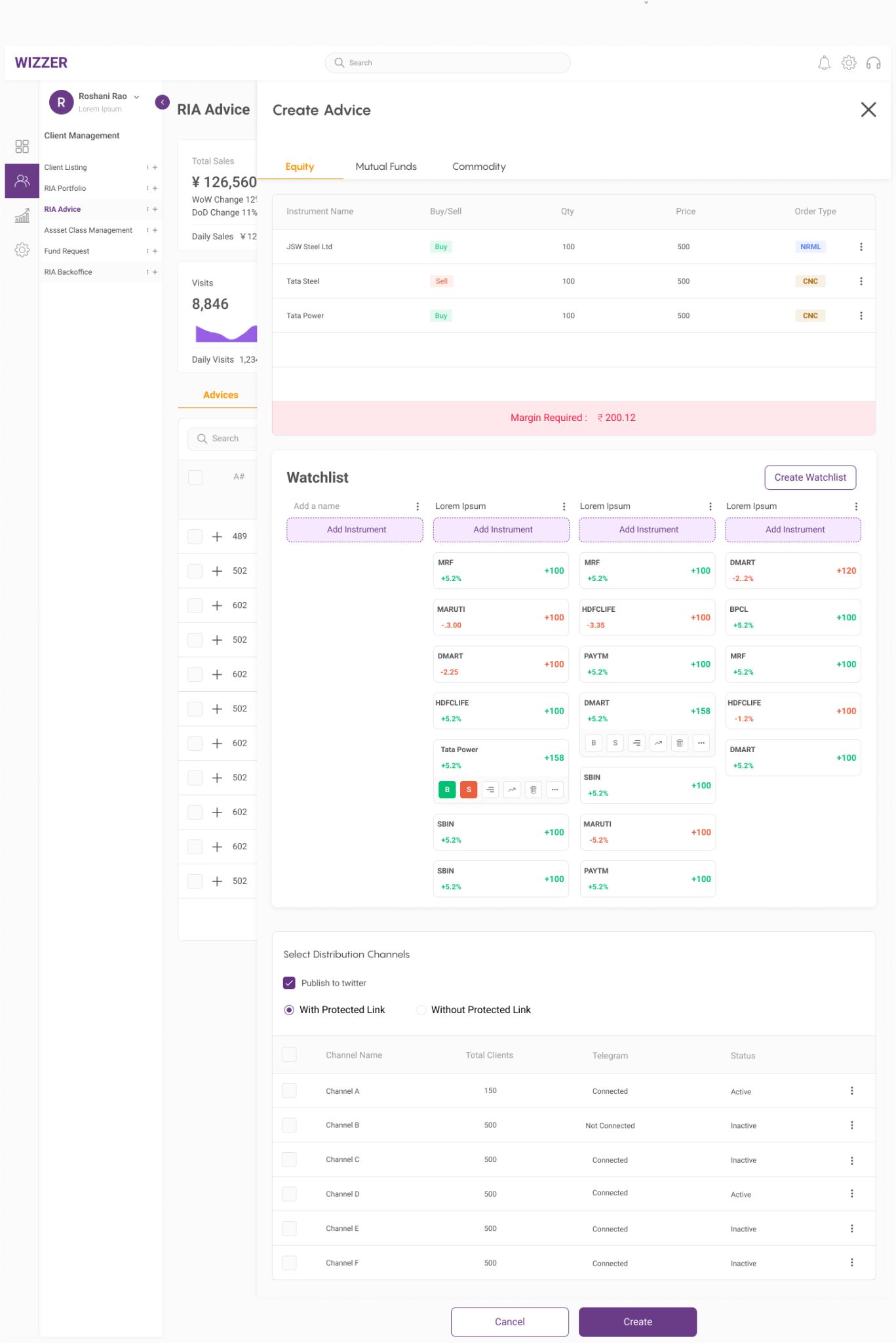 Wizzer wealth-management SaaS dashboard interface